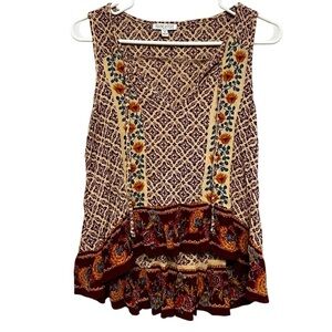 Patrons of Peace Red Floral Sleeveless Hi Low Hem Tank Top With Tassels Size S